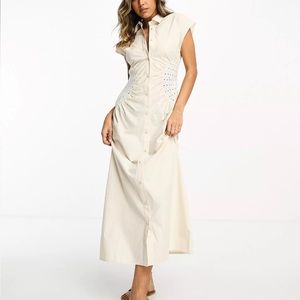 NWT sleeveless shirt midi dress with crochet waist in natural